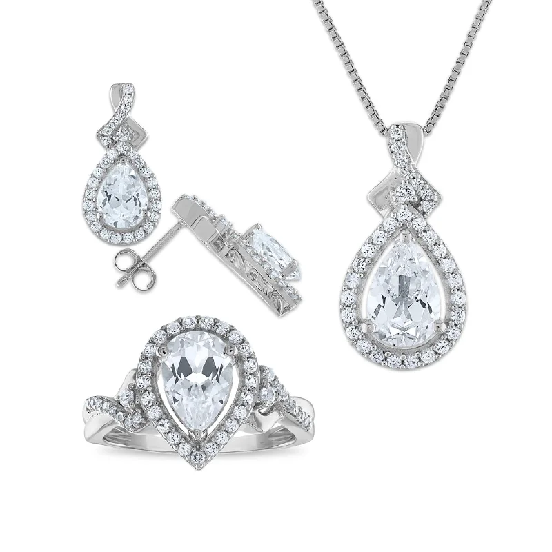 Women luxury earrings -White Sapphire Halo Ring Pendant Earring Set in Sterling Silver