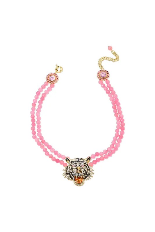 Women birthstone necklaces -Eye Candy Los Angeles - Tiger Rose Quartz Beaded Statement Drop Necklace