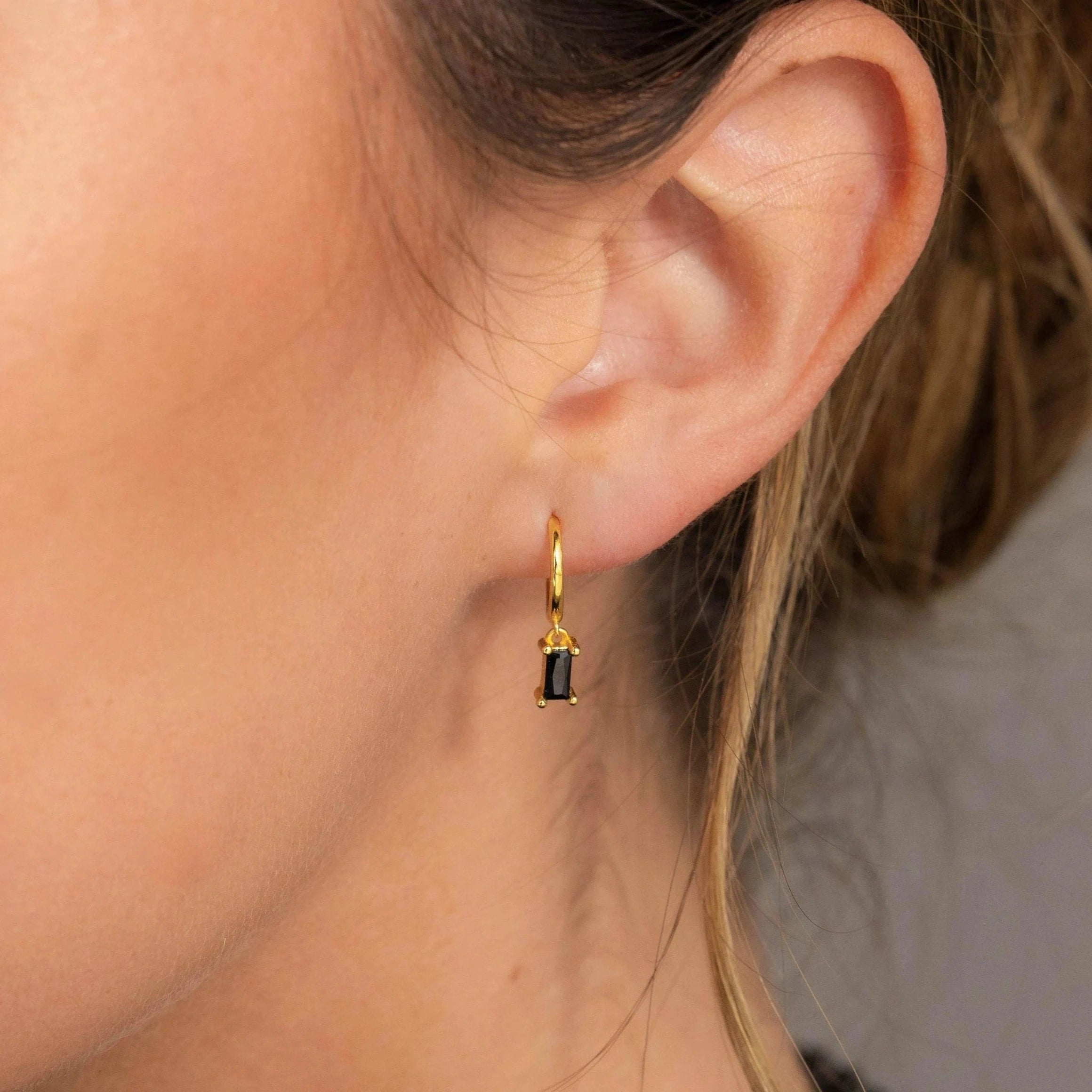 Gold earrings for women -Onyx Baguette Drop Huggies