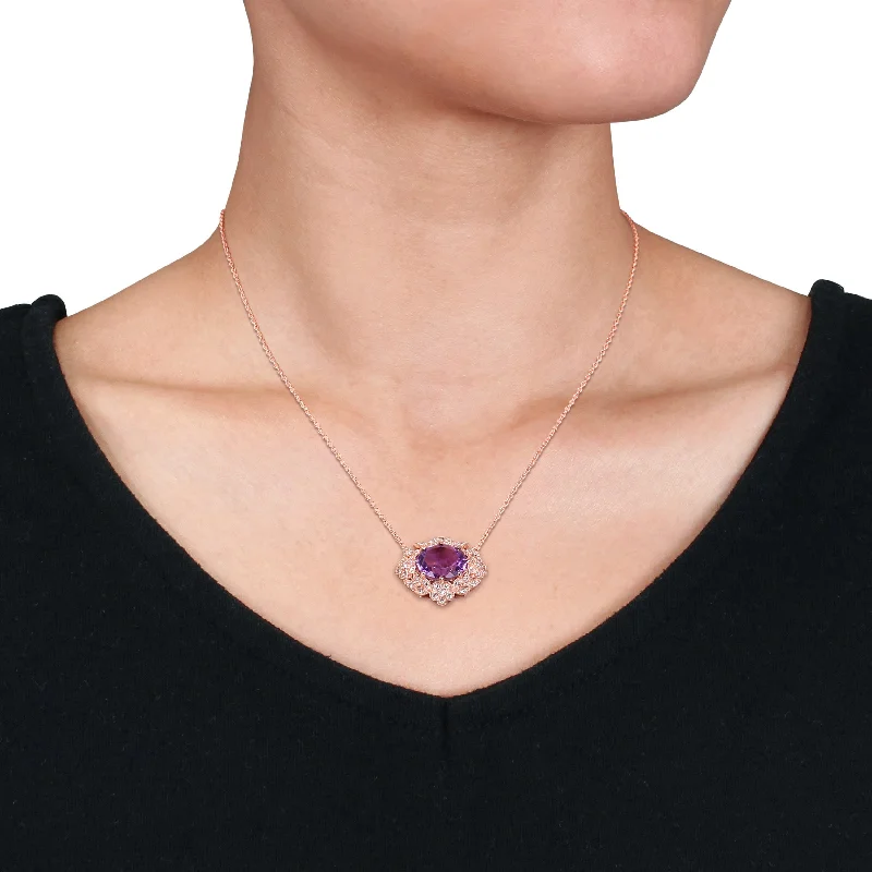 Women silver pendant necklaces -Miadora 14k Rose Gold Oval Amethyst & 1/5ct TDW Diamond Floral Halo Necklace