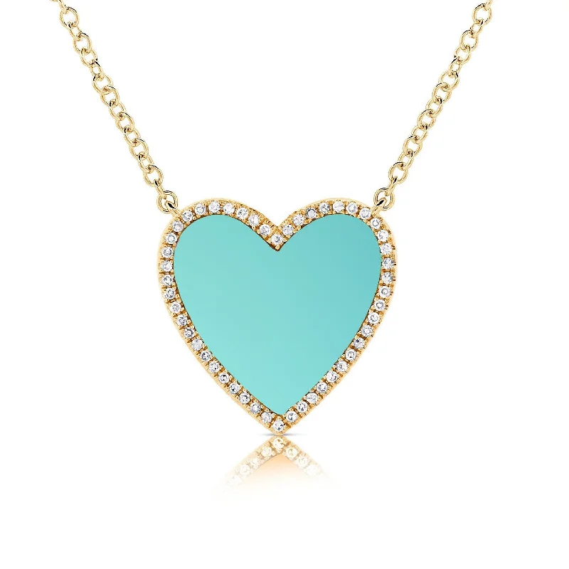 Women engraved necklaces -Joelle Turquoise & Diamond Heart Necklace 14K Yellow Gold