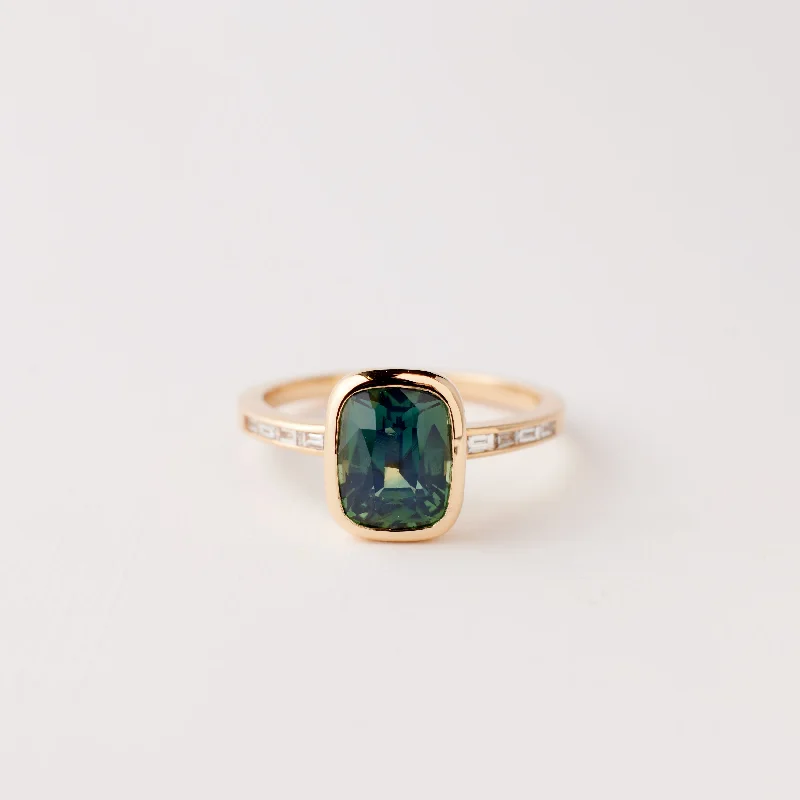 Women rose gold cuff engagement rings -Presley Ring - 2.62 Carat Green Teal Cushion Sapphire