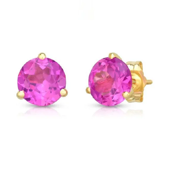 Women gold-plated earrings -7MM Round Pink Sapphire Solitaire Stud Earrings in 14KT Yellow Gold