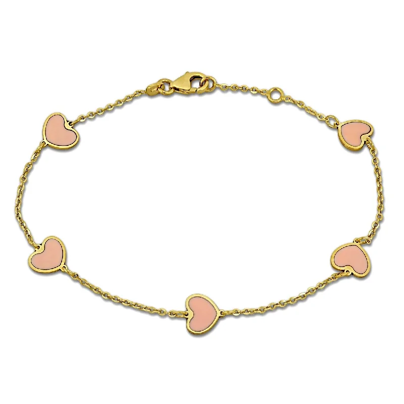 Women sleek bangles and bracelets -Miadora Light Pink Enamel Heart Bracelet 14K Yellow Gold