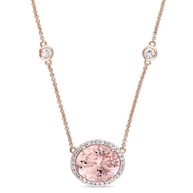 Women personalized diamond necklaces -Miadora Signature Collection 14k Rose Gold Morganite and 1/6ct TDW Diamond Stationed Halo Necklace