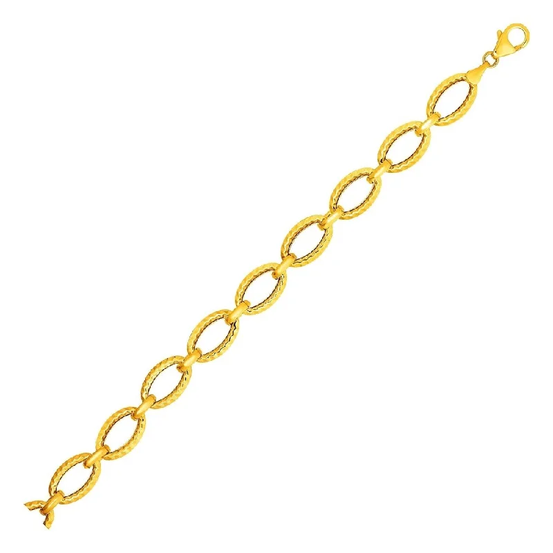 Women vintage charm bangles and bracelets -Textured Oval Link Bracelet in 14k Yellow Gold