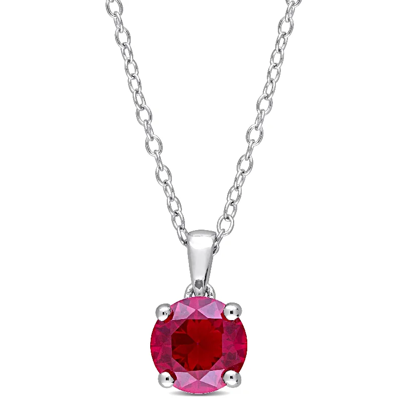 Women matching necklace sets -Miadora Created Ruby Solitaire Birthstone Necklace in Sterling Silver