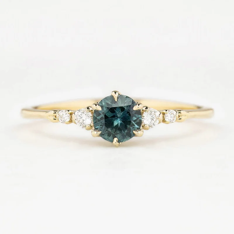 Women silver cuff engagement rings -Estel Fleur Six Prongs Ring 5mm Teal Blue Green Round Queensland Sapphire 14K Yellow Gold