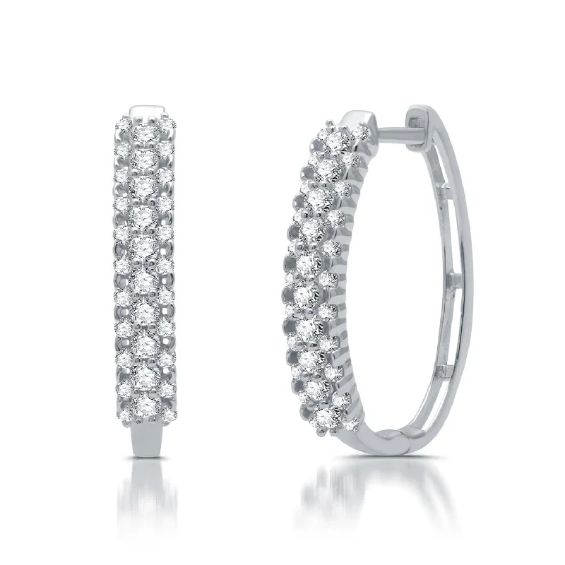 Women crystal earrings -1 CTW Diamond Fashion Hoop Earrings in Rhodium Plated Sterling Silver