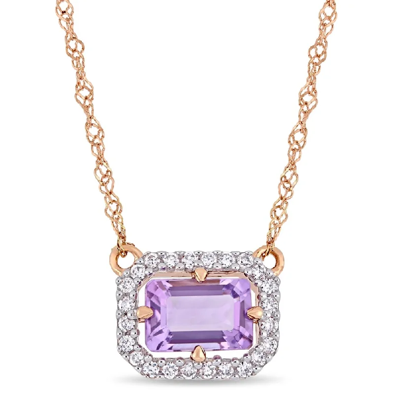 Women bohemian charm necklaces -Miadora 14k Rose Gold Amethyst and 1/10ct TDW Diamond Halo Station Necklace