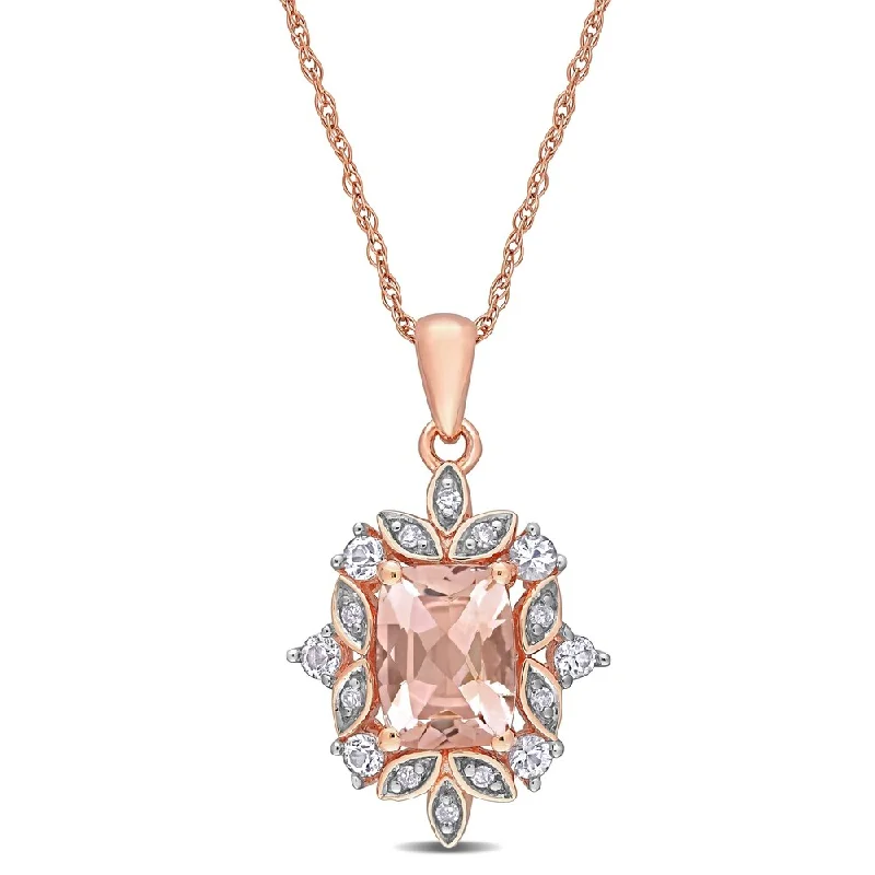 Women delicate gold necklaces -Miadora 10k Rose Gold Morganite White Sapphire and Diamond Vintage Halo Drop Necklace