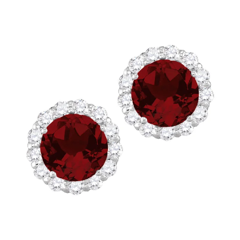 Women custom earrings -6MM Round Garnet and White Sapphire Birthstone Halo Stud Earrings in 10KT White Gold