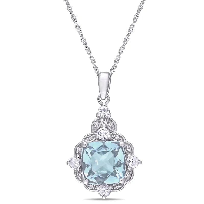 Women white gold necklaces -Miadora 14k White Gold Aquamarine White Sapphire and Diamond-Accent Vintage Halo Necklace