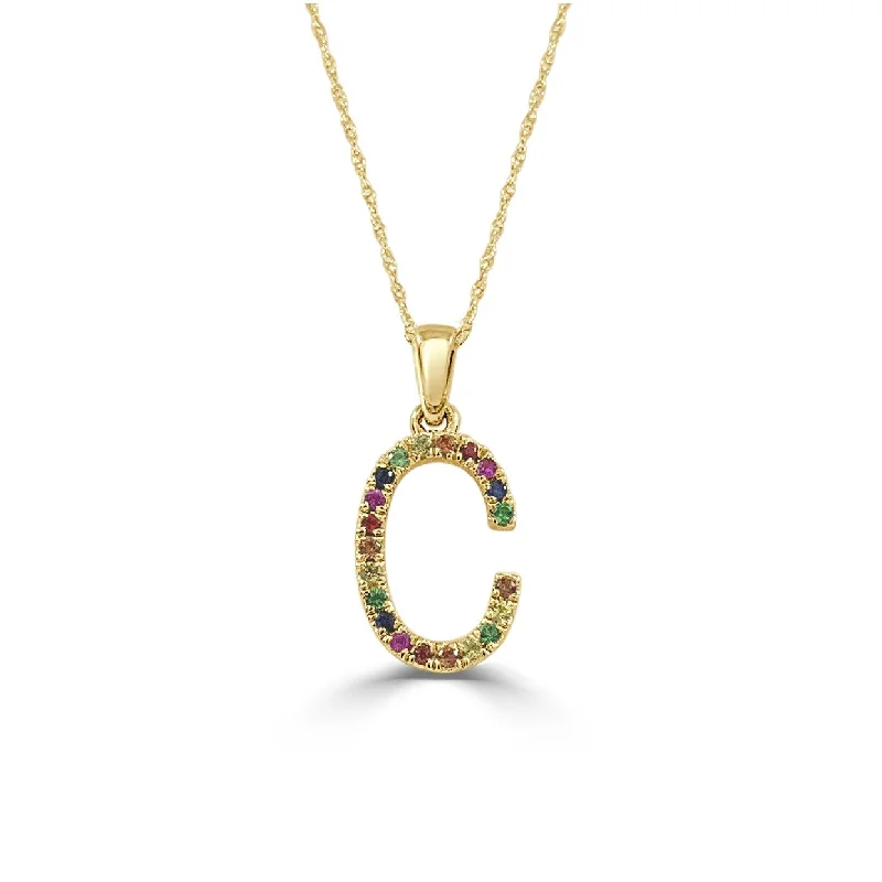 Women crystal-encrusted necklaces -Joelle 14K Yellow Gold Rainbow Multi-Sapphire Letter C Initial Necklace