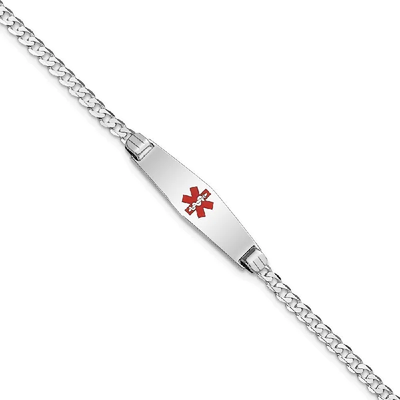 Women elegant bangles and bracelets -14k White Gold 7.5mm Medical Soft Diamond Shape Red Enamel Flat Curb Link ID Bracelet, 7"