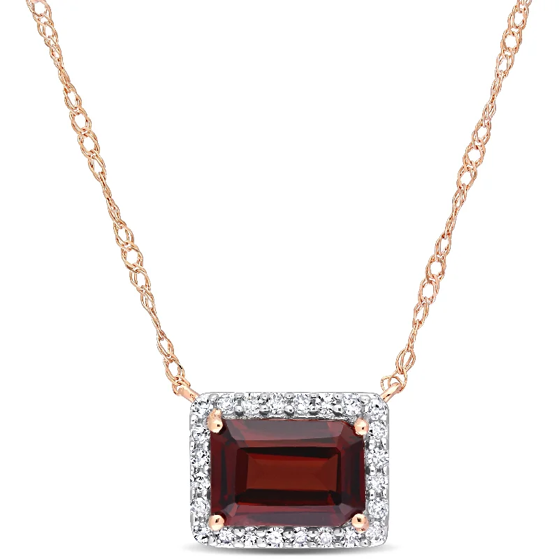 Women gold-plated necklaces -Miadora 1 1/4ct TGW Garnet and 1/8ct TDW Diamond Halo Octagon Necklace in 10k Rose Gold