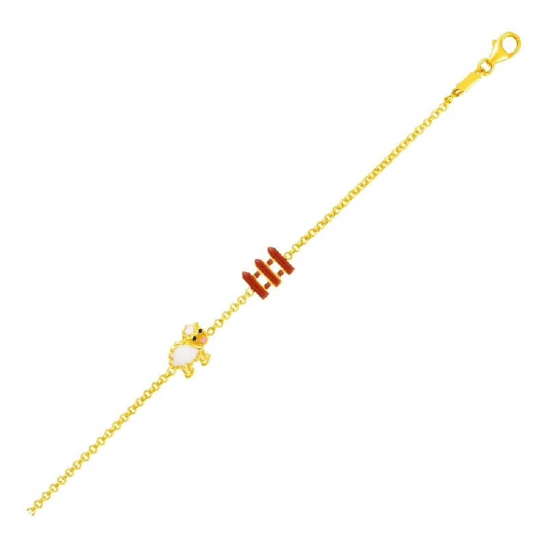 Women statement gemstone bangles and bracelets -14k Yellow Gold Childrens Bracelet with Enameled Sheep and Fence