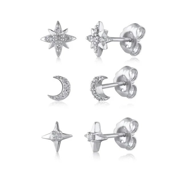 Women flower earrings -1/7 CTW Diamond 3-Pair Moon and Star Stud Earrings in Sterling Silver