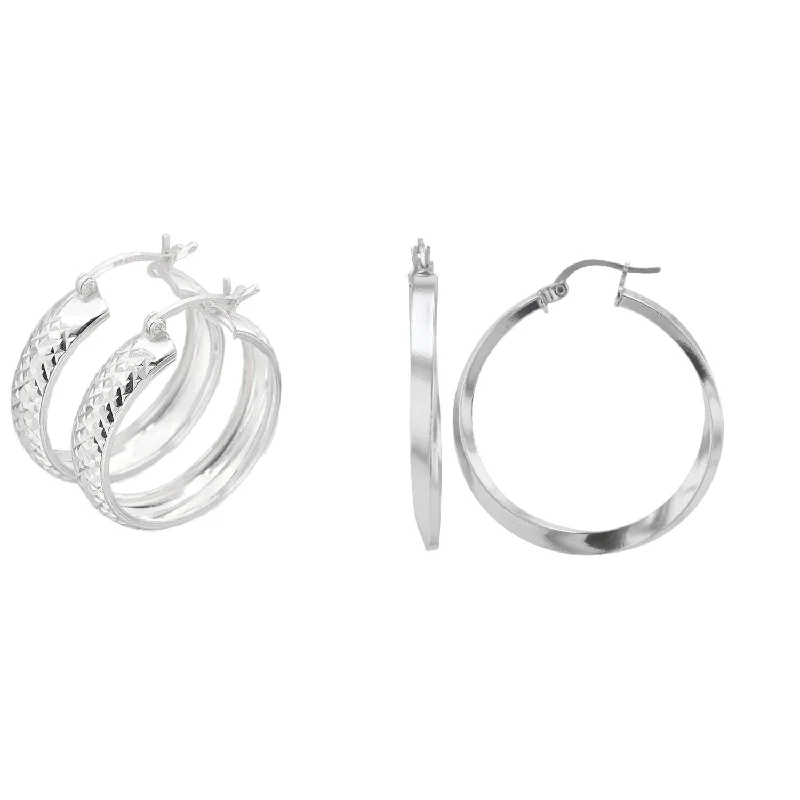 Women geometric earrings -Sterling Silver 3X30MM and 6X25MM 2-Pair Hoop Earrings Set