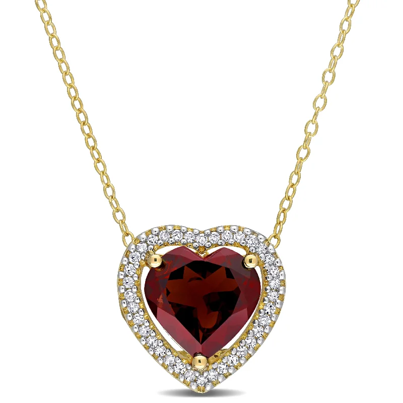 Women multi-layer necklaces -Miadora Heart-cut Garnet and 1/5ct TDW Diamond Halo Necklace in Yellow Plated Sterling Silver