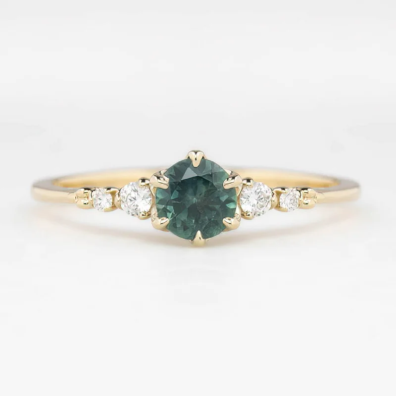 Gold engagement rings for women -Estel Fleur Six Prongs Ring 4.75mm 0.60ct Peacock Green Round Montana Sapphire 14K Yellow Gold