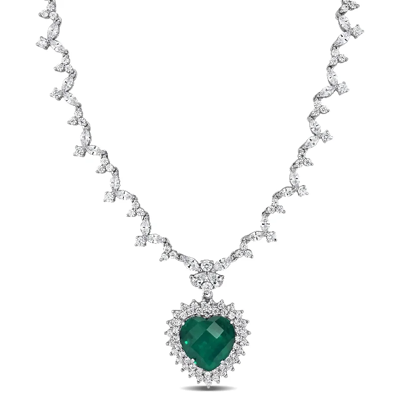 Women twisted chain necklaces -Miadora Sterling Silver 47ct TGW Green and White Cubic Zirconia Heart Halo Station Necklace - 18 inch x 24 mm x 10 mm