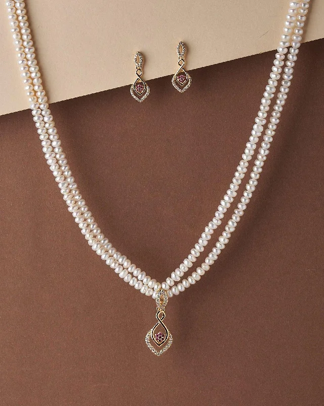 Women engraved necklaces -Simple and Elegant Real Pearl Necklace Set