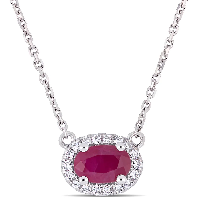 Women romantic necklaces -Miadora 14k White Gold Oval-Cut Ruby & 1/10ct TDW Diamond Stationed Halo Necklace