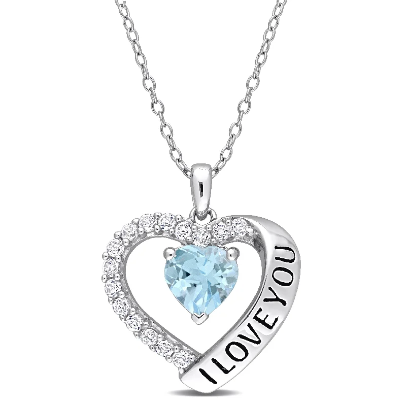 Women crystal-encrusted necklaces -Miadora Sky-Blue and White Topaz "I Love You" Heart Halo Necklace in Sterling Silver