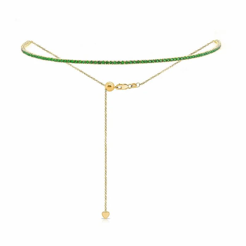 Women retro-inspired necklaces -Joelle Green Emerald Line Choker Necklace 14K Yellow Gold Adjustable