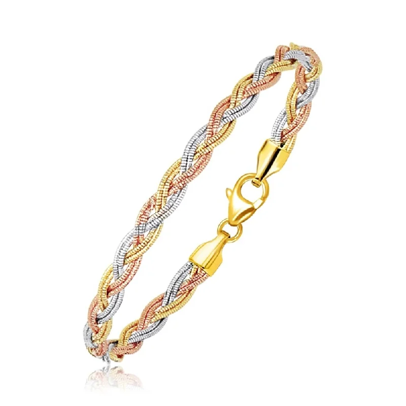 Women rose gold cuff bangles and bracelets -14k Tri-Tone Gold Braided Design Multi Strand Mirror Spring Bracelet