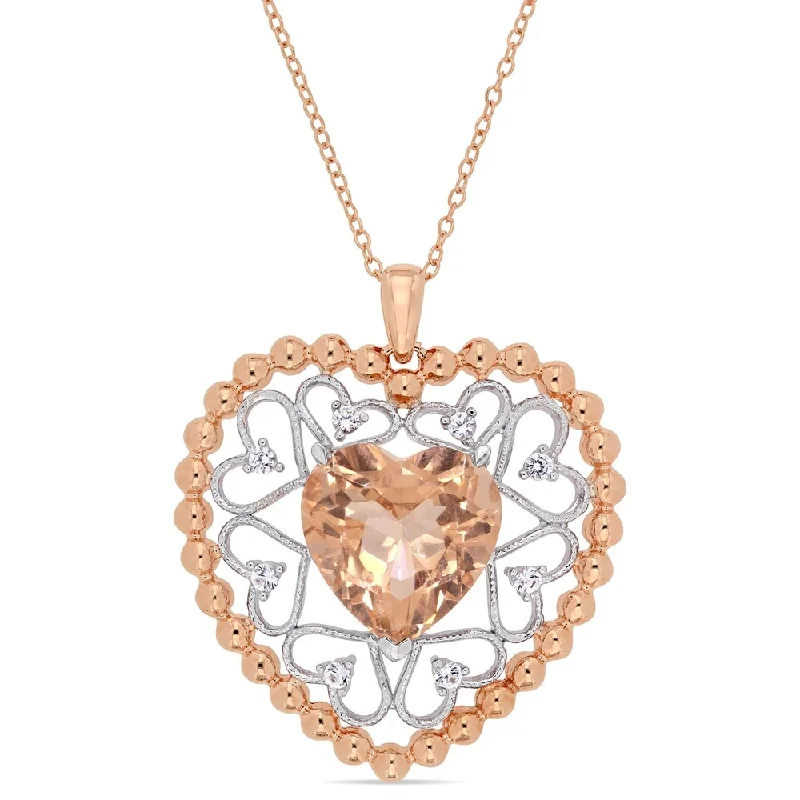 Women chain necklaces -Miadora 2-Tone White and Rose Plated Sterling Silver Simulated Morganite and Created White Sapphire Heart Halo Necklace