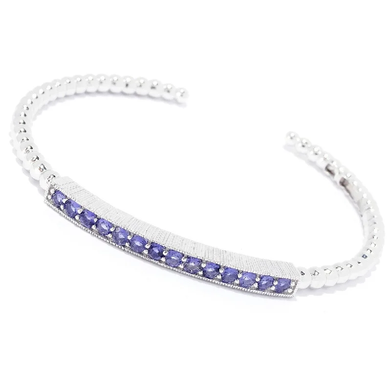 Women double-layered bangles and bracelets -Sterling Silver Plated Iolite Beaded Hinged Cuff Bracelet