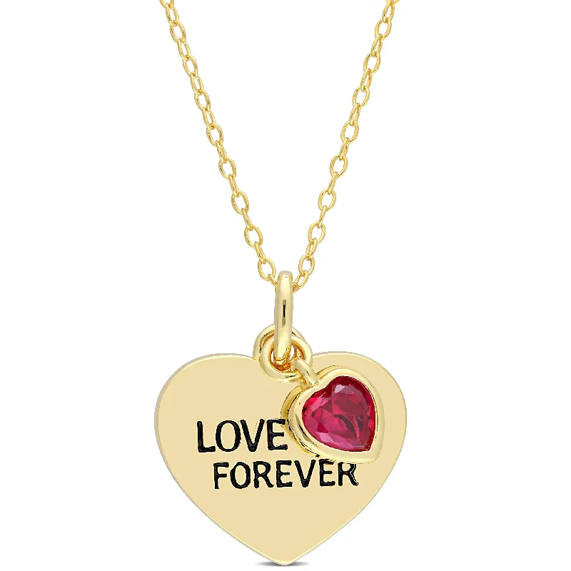 Women vintage pearl necklaces -Miadora Created Ruby "Love Forever" Heart Charm Necklace in Yellow Plated Sterling Silver