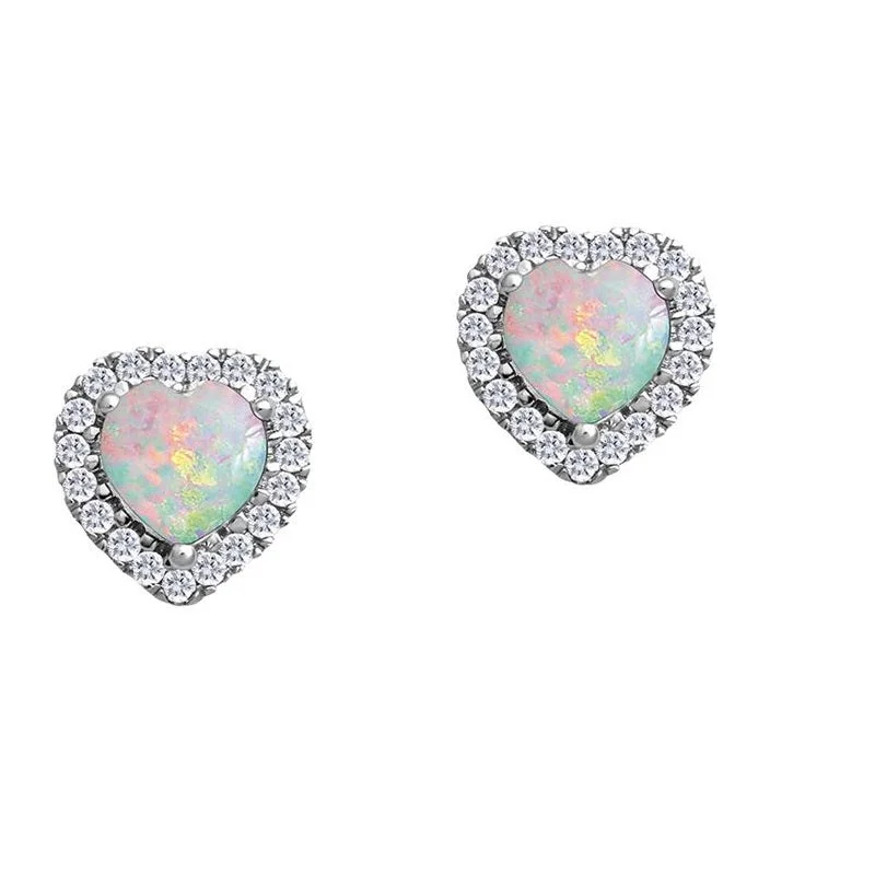 Women custom-made earrings -5MM Heart Shape Opal and White Sapphire Birthstone Halo Stud Earrings in 10KT White Gold