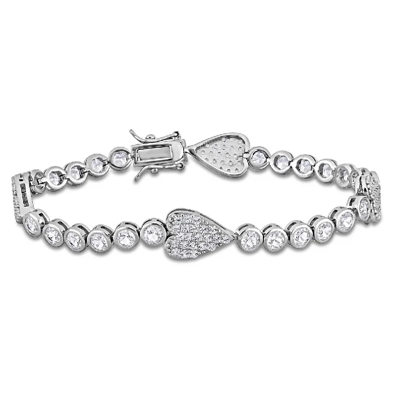 Women beaded charm bangles and bracelets -Miadora 9 1/2ct TGW Created White Sapphire Heart Bracelet Sterling Silver