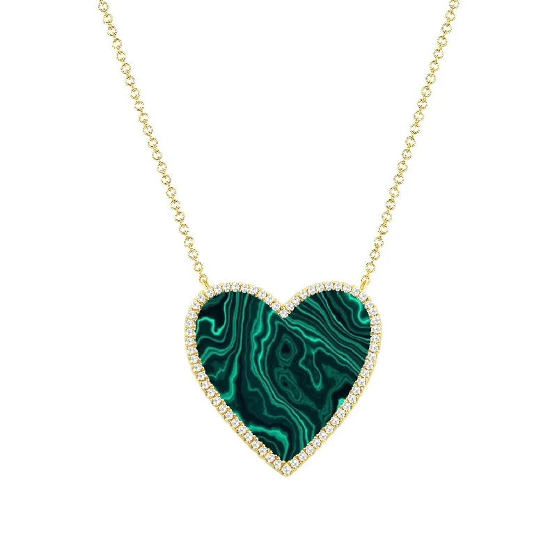 Women nature-inspired necklaces -Joelle Malachite & Diamond Heart Necklace 14K Yellow Gold