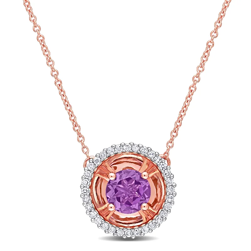 Women custom engraved necklaces -Miadora Amethyst and 1/6ct TDW Diamond Halo Station Necklace in 10k Rose Gold