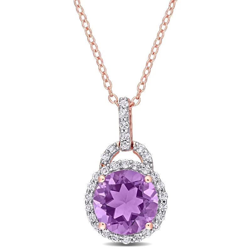 Women silver chain necklaces -Miadora 3ct TGW Amethyst and White Topaz Halo Necklace in Rose Plated Sterling Silver