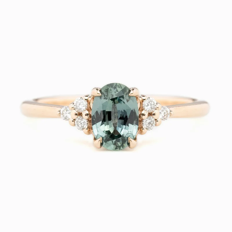 Women multi-strand engagement rings -Teresa Ring 0.86ct Blue Green Madagascar Sapphire, 14K Rose Gold (One of a kind)