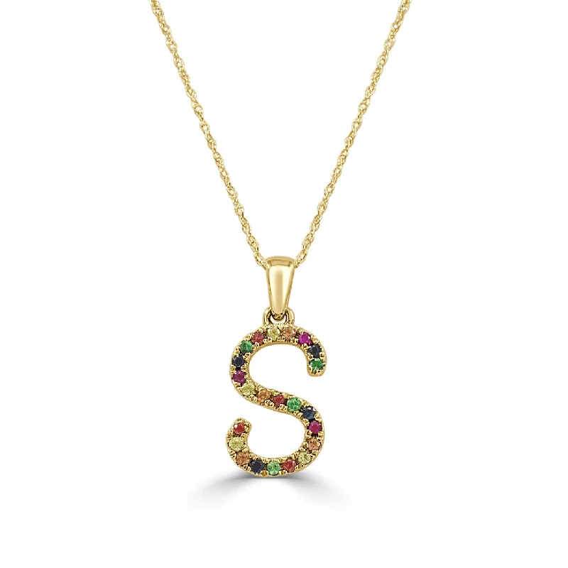 Affordable necklaces for women -Joelle 14K Yellow Gold Rainbow Multi-Sapphire Letter S Initial Necklace