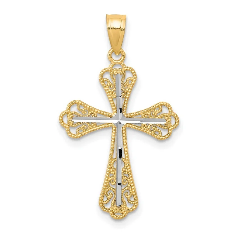 Women gold-plated necklaces -Curata 10k Yellow Gold 18" Rhodium Diamond-Cut Filigree Cross Necklace - 30x16mm