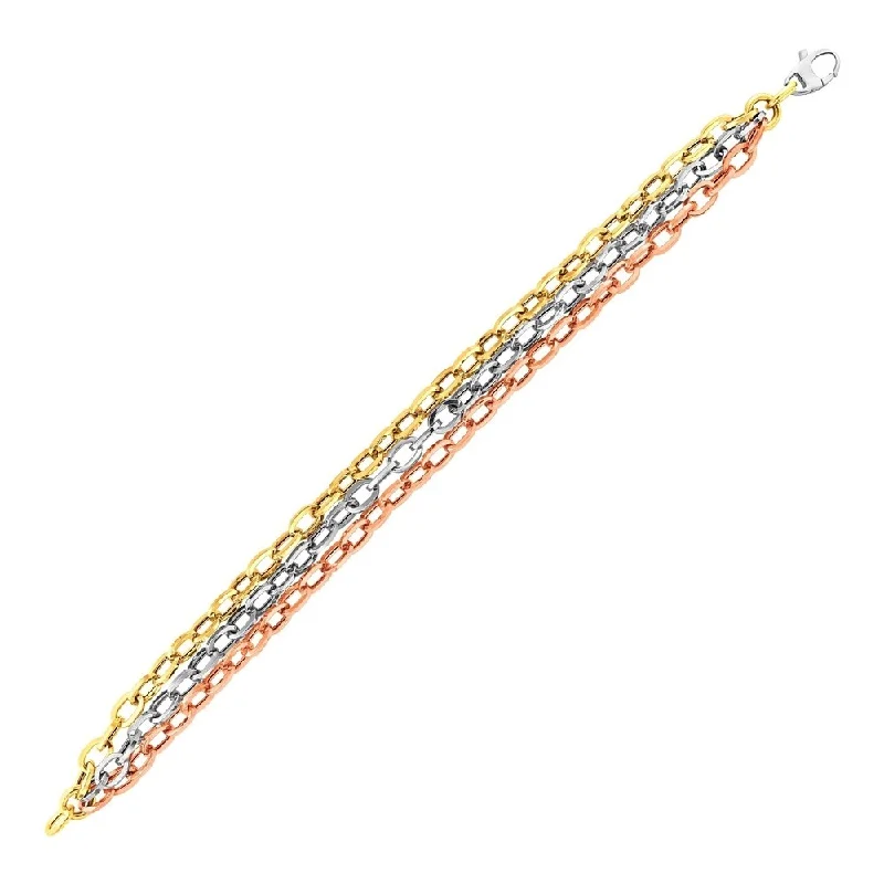 Women chic bangles and bracelets -ThreeStrand Oval Link Bracelet in 14k Tri Color Gold