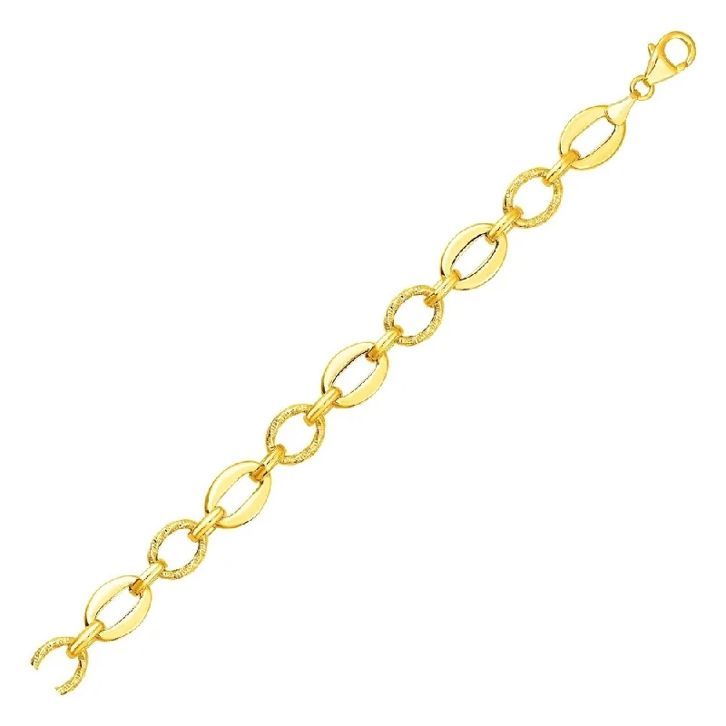 Women gold-plated bangles and bracelets -Shiny and Textured Oval Link Bracelet in 14k Yellow Gold