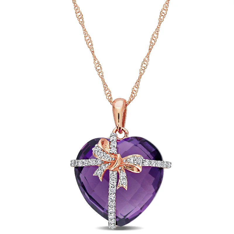 Women multi-stone necklaces -Miadora 12ct TGW Heart-cut Amethyst and 1/8ct TDW Diamond Bow Necklace in 10k Rose Gold