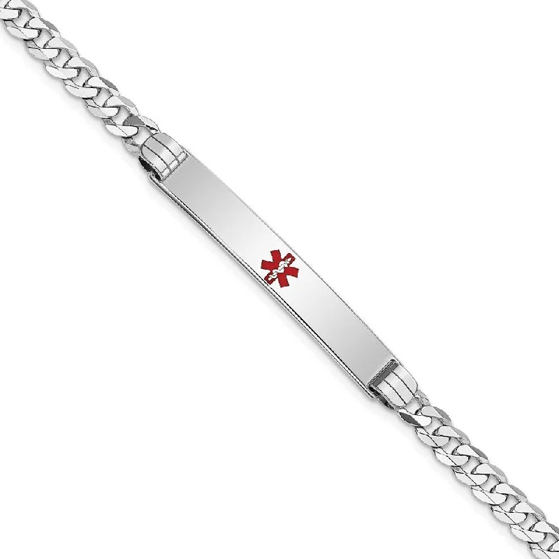 Women cuff bangles and bracelets -14k White Gold 4.5mm Medical Red Enamel Flat Curb Link ID Bracelet, 7"