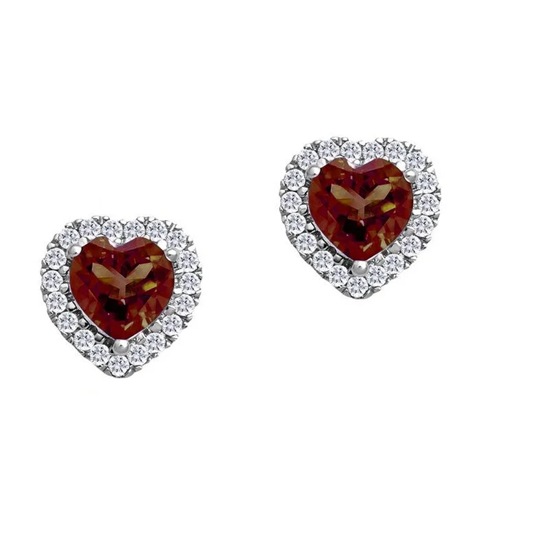 Women chunky earrings -5MM Heart Shape Garnet and White Sapphire Birthstone Halo Stud Earrings in 10KT White Gold