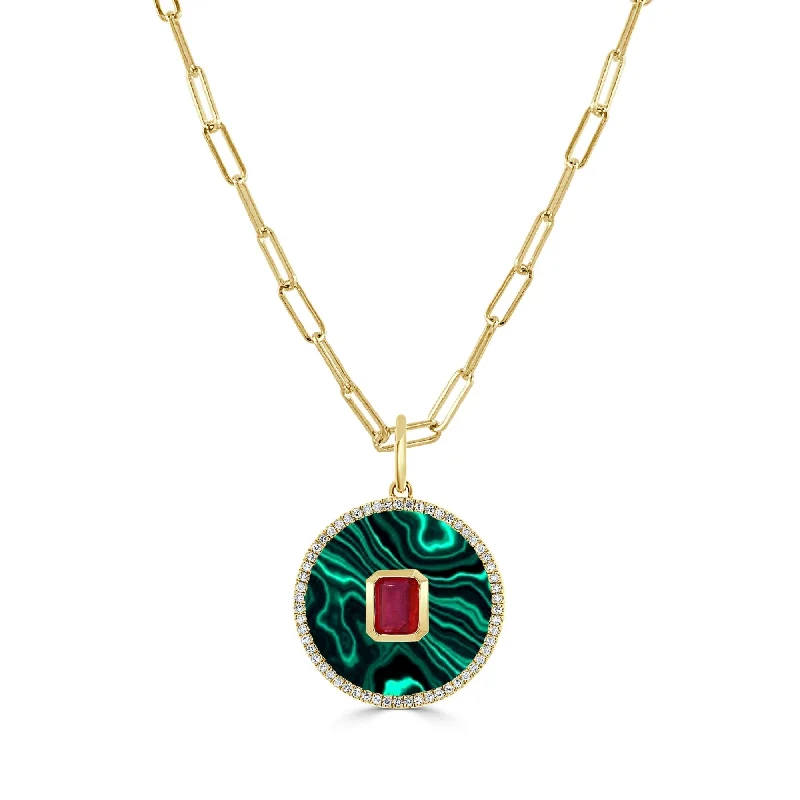 Women heart-shaped pendant necklaces -Joelle Necklace Malachite & Ruby 14K Yellow Gold 16 inch Link Chain