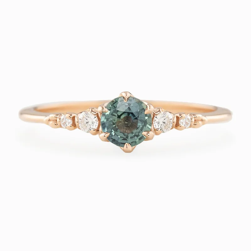 Women crystal engagement rings -Estel Fleur Six Prongs Ring 4.7mm 0.55ct Blue Green Round Unheated Sapphire, 14k Rose Gold