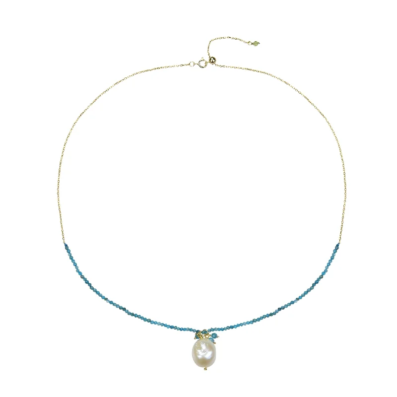 Women trendy statement necklaces -Gold Over Sterling Silver with Natural Blue Apatite and Pearl Necklace